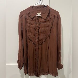 Pilcro Brown Pleated Long Sleeve Sheer Blouse